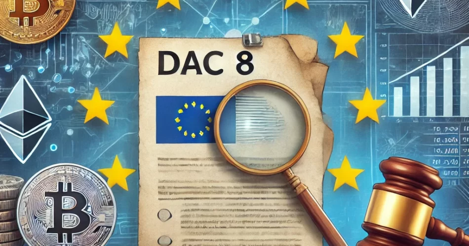 a collage illustrating the European Union's efforts to enhance tax transparency for crypto-assets. Elements include the EU flag, symbols of various cr